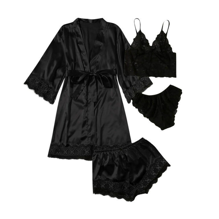Mrat Women Silk Robe Plus Size Lingerie Cotton Robe Nightgown with Built in  Bra Cute Lingerie Nightgown Silk Robe Satin Bathrobe Four-piece Set