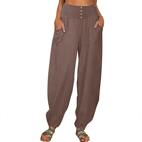 Mrat Women Sweat Pants Casual Button Solid Color Plus Size Wide Leg Pants Combat Pants Straight Wide Leg Trousers Pants With Pocket Brown S