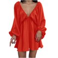 thumbnail image 1 of Mrat Women V Neck Puff Long Sleeve Mini Dress Backless High Waist Ruffle Short Dress Party Club Dress S-97 Red-a L, 1 of 5