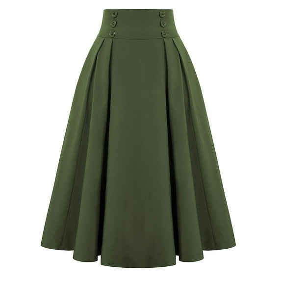 Mrat Women Vintage Skirt High Waist Pleated Skirt Solid Midi A-Line Skirt with Pockets S-28 Army-Green L