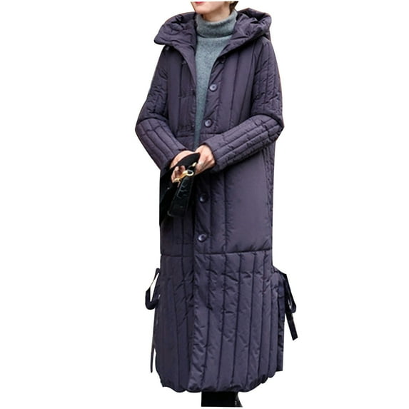 Mrat Women Warm Down Jacket Ladies Winter Thicken Warm Buttons Long Sleeve Puffer Coat Side Split Hooded Parkas Jackets Padded Coat Outerwear Y-12-Purple XXL