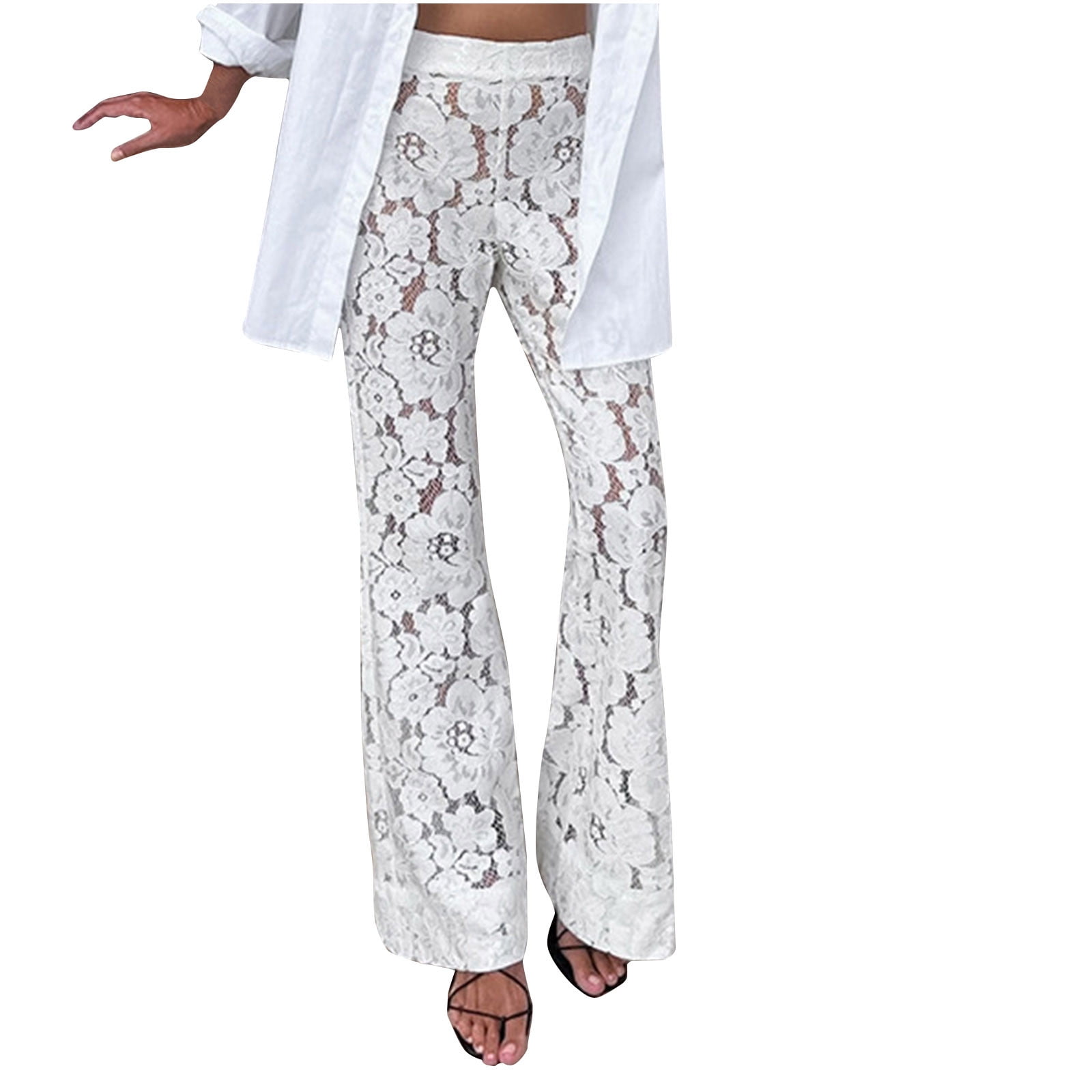Mrat Women White Lace Pants Sheer Mesh Pants Elastic High Waist Floral ...