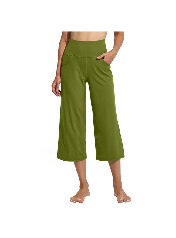 Mrat Women Workout Pants Yoga Capris Pants Ladies Solid Color High Waist Sports Fitness Yoga Wide Wide Leg Capris Female Pants Elastic Army Green XXXL