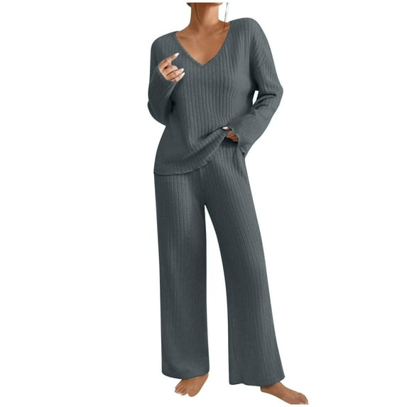 Mrat Women's 2 Piece Outfits Long Sleeve V Neck Knit Pullover Tops and Wide Leg Pant Loungewear Set S-78 Dark Gray m