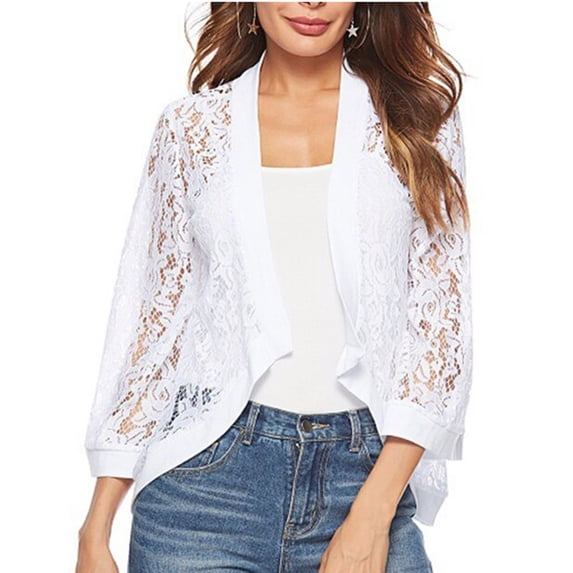 Mrat Women's 3/4 Sleeve Crochet Lace Open Cardigan Short Cardigan Sweaters for Women S-52 White S