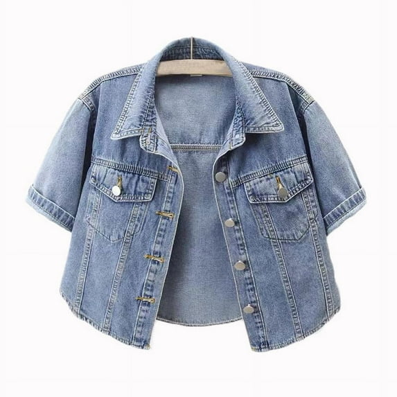Mrat Women's 3/4 Sleeve Short Denim Jacket Light Cropped Jean Jackets Coats Cropped Blazers for Women S-35 Light Blue XXL