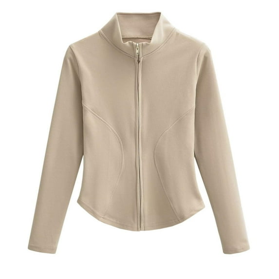 Mrat Women's Athletic Full Zip Lightweight Workout Jacket Yoga Cropped Slim Fitting Breathable Tops Women's Lightweight Hooded Windbreaker S-263 Khaki M