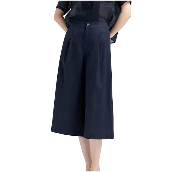 Mrat Women's Baggy Linen Capris Wide Leg Capris Solid Beach Cropped Culottes Office Pants with Pocket S-93 Navy XL