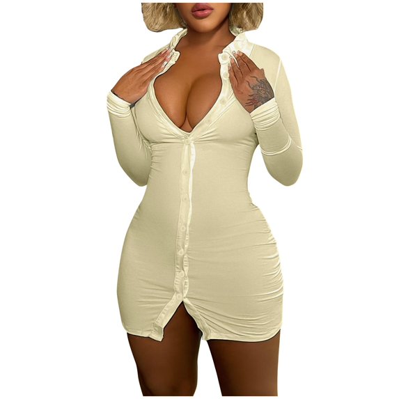 Mrat Women's Bodycon Mini Dress Button Shirt Mini Dress Long Sleeve V Neck Stretchy Clubwear Night out Party Bodycon Dresses S-84 Yellow XL