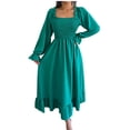 thumbnail image 1 of Mrat Women's Boho Long Dress Squares Neck Smocked Long Lantern Sleeve Dress A-Line Maxi Ruffle Dress S-202 Green L, 1 of 7