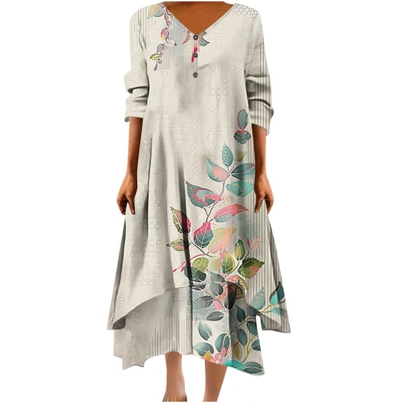 Mrat Women's Boho Long Sleeve Maxi Dress Fall Flowy Dress Plus Size Beach Wedding Long Dresses S-141 Beige XXL