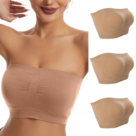 Mrat Women's Bras No Underwire 3pc Strapless Bandeau Bra for Women, Seamless Bralettes Stretchy Padded Tube Tops Bra with Clear Strap S-410 Beige XXL