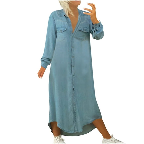 Mrat Women's Button Denim Long Shirt Dress Long Sleeve Lapel Collar Dress Plus Size Maxi Jean Dresses with Pockets 2024 Fall Trendy S-16 Light Blue 4XL