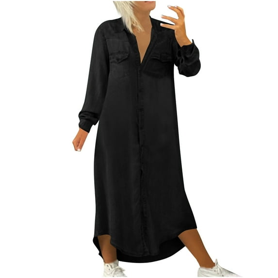 Mrat Women's Button Denim Long Shirt Dress Long Sleeve Lapel Collar Dress Plus Size Maxi Jean Dresses with Pockets 2024 Fall Trendy S-16 Black L