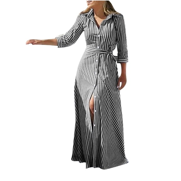 Mrat Women's Button Shirt Maxi Dress Stripe Long Sleeve Casual Dresses Loose Long Blouse Maxi Dresses with Belt S-53 Black M