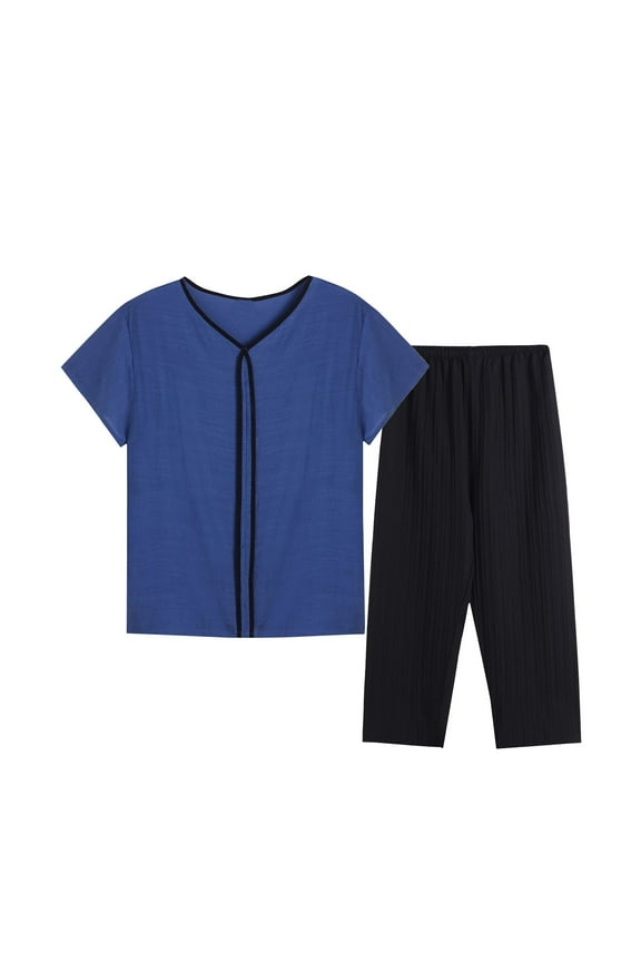 Women's Capris Pajama Sets Plus Size Round Neck Sleepwear Tops with Capris Pants 2 Piece Sleep Set Plus Size Pajamas S-29 Navy XXL