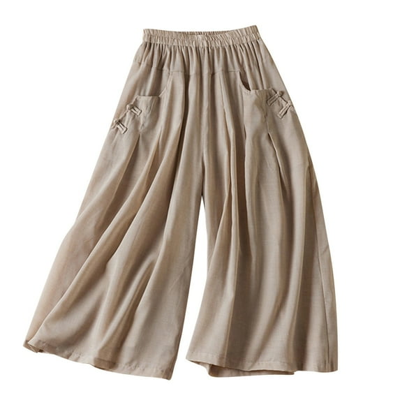 Mrat Women's Capris Pants Elastic Solid Color Wide-Leg Belt Pull-Out High Waist Cotton and Linen Cropped Trousers with Pocket Casual Cropped Pants Khaki XL