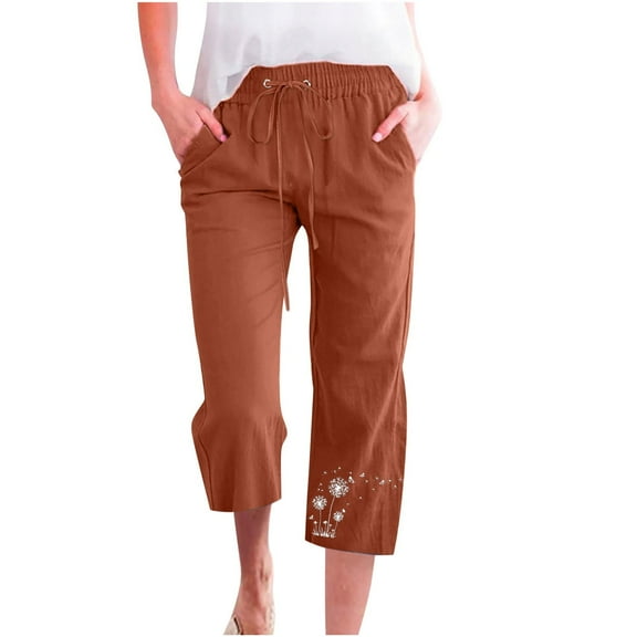 Mrat Women's Capris Pants High Waist Elastic Linen Capris Trousers for Women Slim Yoga Capris Pants Straight Leg Cropped Pants Coffee S