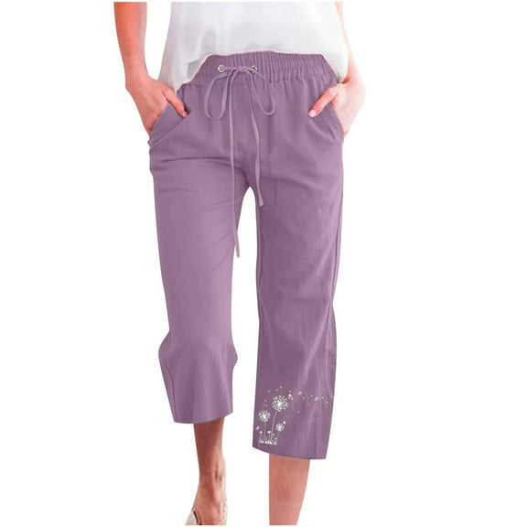 Mrat Women's Capris Pants High Waist Elastic Linen Capris Trousers for Women Slim Yoga Capris Pants Straight Leg Cropped Pants Purple M
