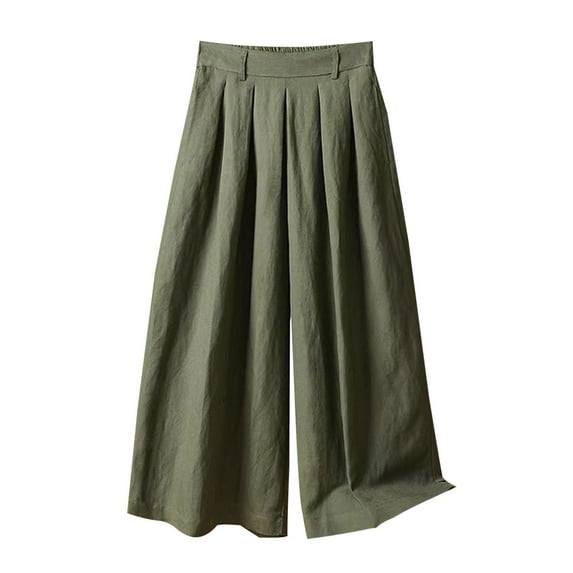 Mrat Women's Capris Pants Loose Wide Leg Cotton Straight Cropped Pants for Women Elastic Cotton and Linen Casual Ladies Capris Trousers Green XXL