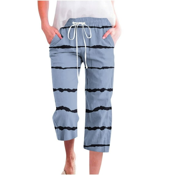 Mrat Women's Capris Pants Pockets Wide Leg Elastic Straight Women Capris Trousers Loose Summer Capris Trousers Casual Summer Cropped Pants Light Blue XXL