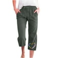 thumbnail image 1 of Mrat Women's Capris Pants Solid Color with Pocket Straight Cropped Pants Wide Leg Elastic Loose Cotton and Linen Womens Capris Trousers Army Green L, 1 of 5