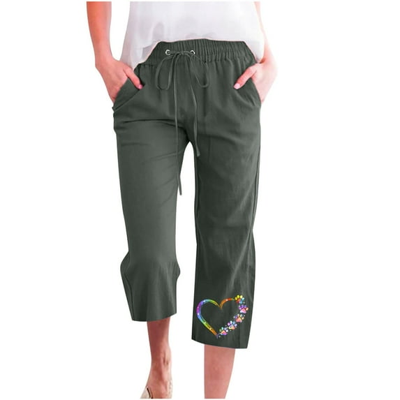 Mrat Women's Capris Pants Solid Color with Pocket Straight Cropped Pants Wide Leg Elastic Loose Cotton and Linen Womens Capris Trousers Army Green M
