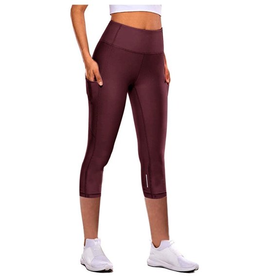 Mrat Women's Capris Yoga Pants with Pockets High Waisted Legging for Workout Drying Athletic Cropped Reflective Pants S-32 Wine S