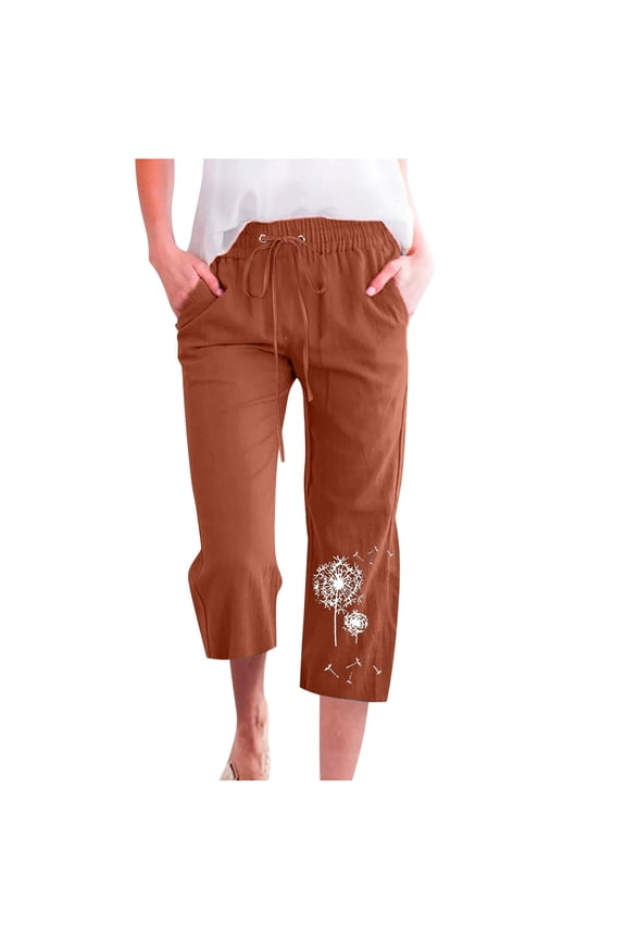 Mrat Women's Cargo Capris Pants Elastic Printing Athletic Cropped for Women Middle Waist Loose Wide Leg Straight Cargo Capris Trousers Coffee L