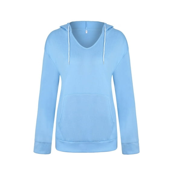 Mrat Women's Casual Jackets Polyester V-Neck Long Sleeve Hoodies Pullover Sweatshirts Tops with Pockets Solid Color Casual Loose Drawstring Hooded Winter Shirts Sweater Coat K-Blue XXL