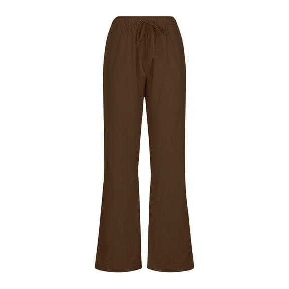 Mrat Women's Casual Linen Pants Drawstring Elastic Waist Cotton Loungewear Trousers with Pockets Wide Leg Pants S-72 Brown S
