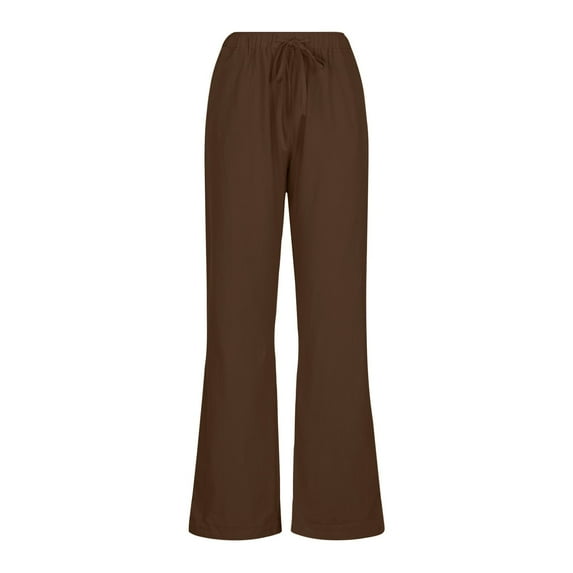 Mrat Women's Casual Linen Pants Drawstring Elastic Waist Cotton Loungewear Trousers with Pockets Wide Leg Pants S-72 Brown m