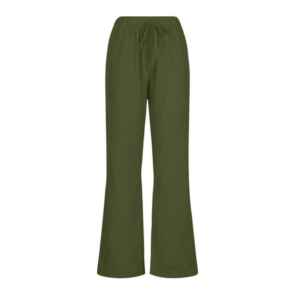 Mrat Women's Casual Linen Pants Drawstring Elastic Waist Cotton Loungewear Trousers with Pockets Wide Leg Pants S-72 Green XL