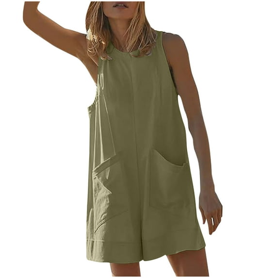 Mrat Women's Casual Rompers Stretchy Onesie Sleeveless Shorts Overalls Hollow out Back Jumpsuits with Pockets S-70 A-Green XL