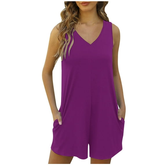 Mrat Women's Casual Rompers Stretchy Onesie Sleeveless V-Neck Overalls Shorts Solid Jumpsuits with Pockets S-44 Purple L