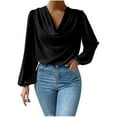 thumbnail image 1 of Mrat Women's Chiffon Golf Shirt Womens Sleeved Loose Summer Tunic Tops for Womens Draped Cropped Sweat V-neck Casual Satin Blouses for Womens Tops T-shirt Black L, 1 of 9