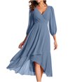thumbnail image 1 of Mrat Women's Chiffon Midi Dress V Neck 3/4 Sleeve Pleated Dress Irregular Hem Flowy Midi Length Wedding Guest Dress S-177 Blue 3XL, 1 of 5