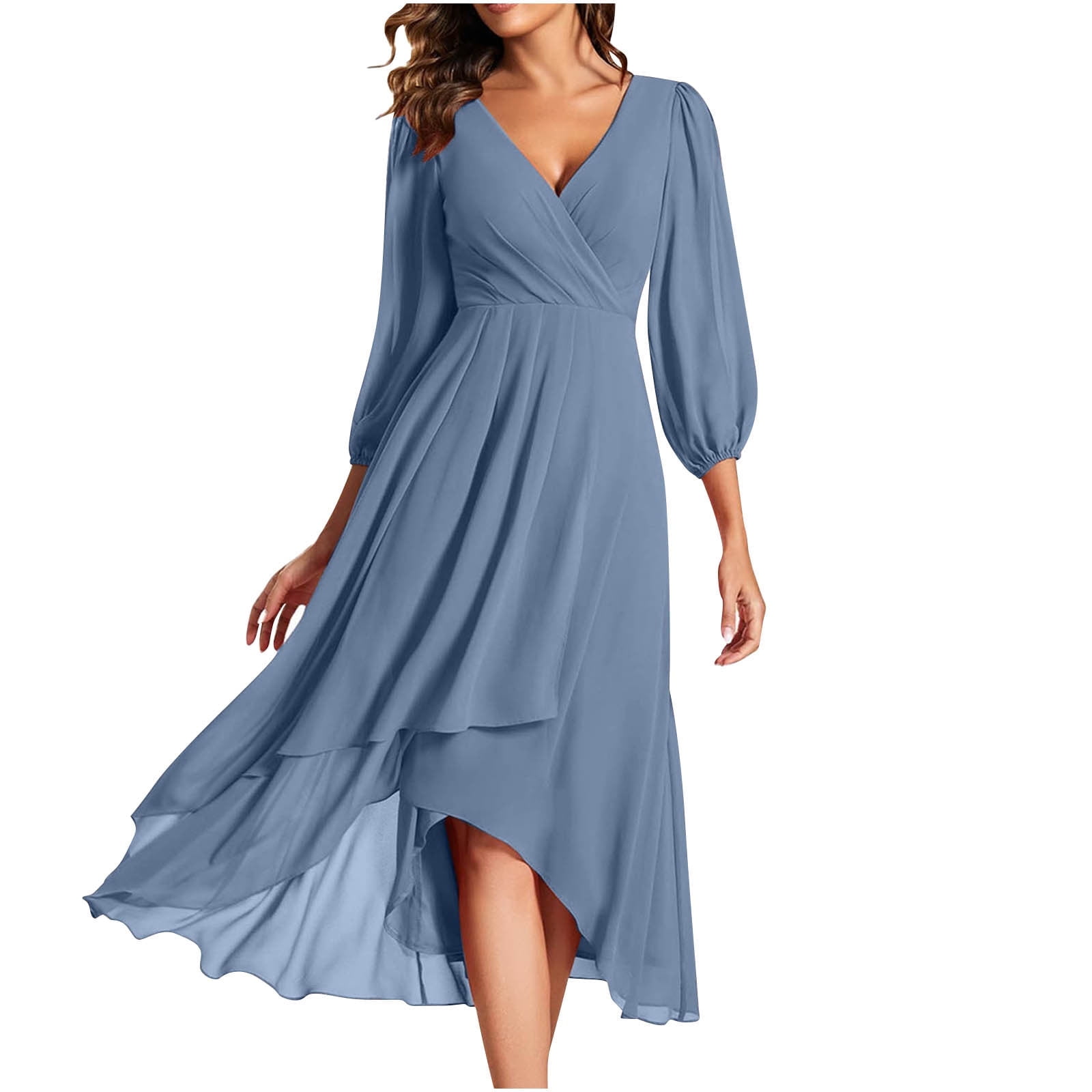 3/4 Sleeves Pleated V-neck Sheath Long Dress With Slit Steel Grey
