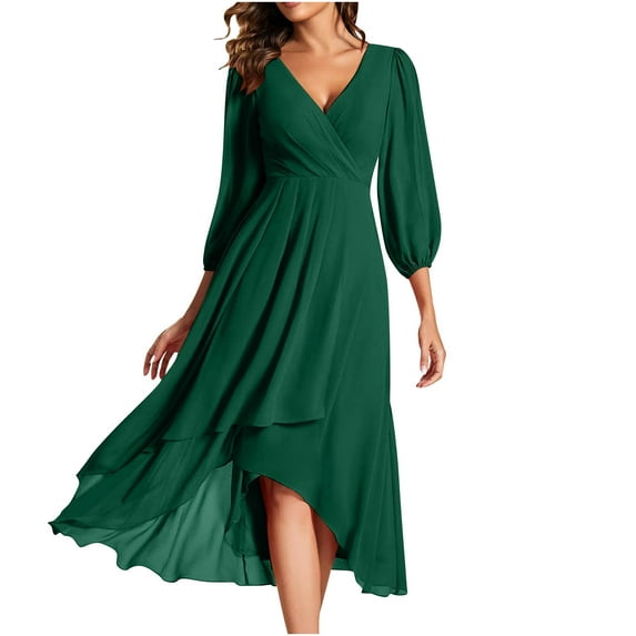 Mrat Women's Chiffon Midi Dress V Neck 3/4 Sleeve Pleated Dress Irregular Hem Flowy Midi Length Wedding Guest Dress S-177 Green L