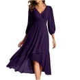 thumbnail image 1 of Mrat Women's Chiffon Midi Dress V Neck 3/4 Sleeve Pleated Dress Irregular Hem Flowy Midi Length Wedding Guest Dress S-177 Purple L, 1 of 5