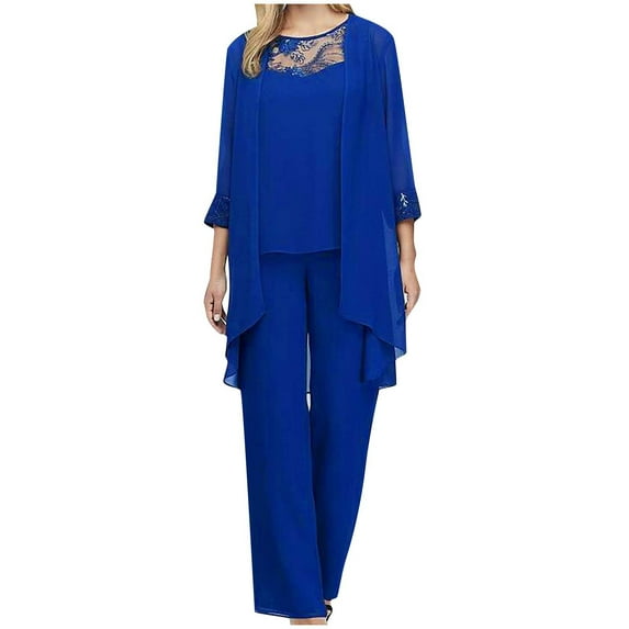 Mrat Women's Chiffon Pant Suit 3 PCS Set 3/4 Sleeve Cardigan Crew Neck Lace Tank Tops High Waist Straight Pants Evening Gowns Suit S-58 Blue m