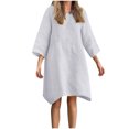 thumbnail image 1 of Mrat Women's Cotton Linen Crew Neck 3/4 Sleeve Mini Dress Casual Loose Solid Summer Flowy Dresses with Pockets S-44 Beige S, 1 of 6