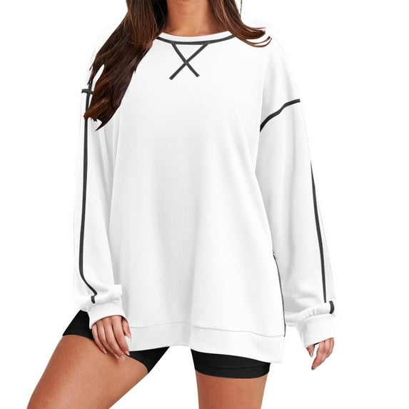 Mrat Women's Crewneck Sweatshirts Oversized Long Sleeve Side Zipper Pullover Sweatshirt Tops Womens Sweatshirts and Hoodies S-68 White XXL