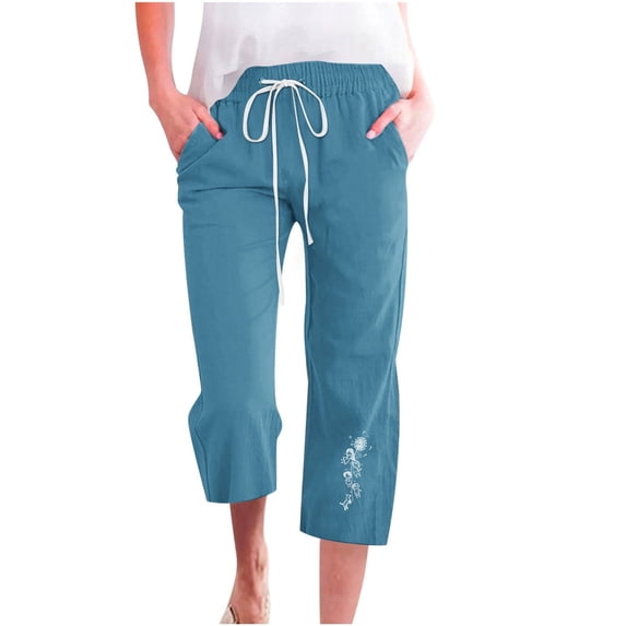 Mrat Women's Cropped Pants Printed Elastic Ladies' Cropped Wide-Leg Loose Straight Cargo Capris Casual Women's Cargo Capris Hiking Pants with Pockets Trousers Green S