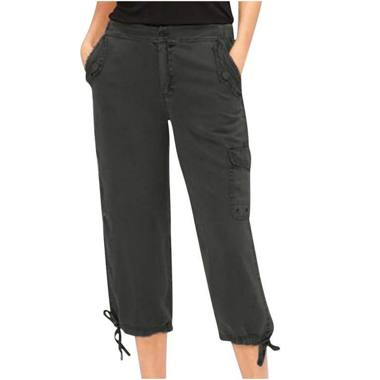Mrat Women's Cropped Pants Solid Color Zipper Button Loose Wide Leg  Straight Cotton Linen Casual Capris Trousers with Two Pockets Black XXXL