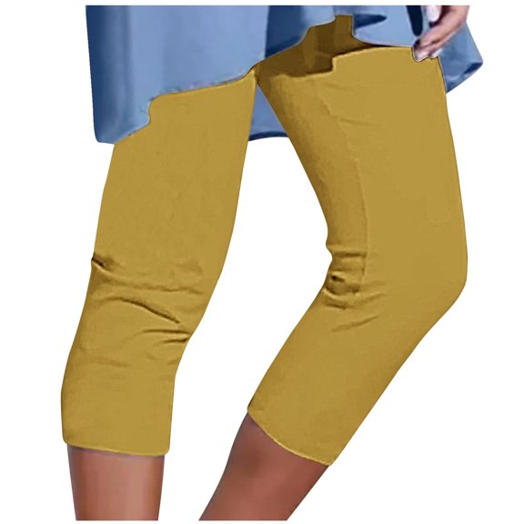 Mrat Women's Cropped Yoga Pants Plus Size Knee-Length Leggings Solid High Waisted Workout Gym Capris S-15 Yellow 4XL
