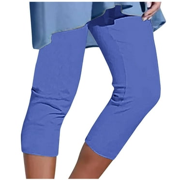 Mrat Women's Cropped Yoga Pants Plus Size Knee-Length Leggings Solid High Waisted Workout Gym Capris S-17 Blue 3XL