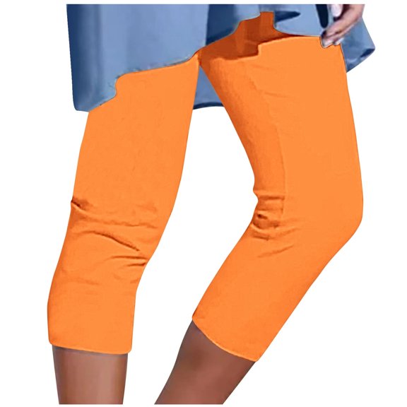 Mrat Women's Cropped Yoga Pants Stretchy Knee-Length Leggings Solid High Waisted Workout Gym Capris S-16 Orange XXL