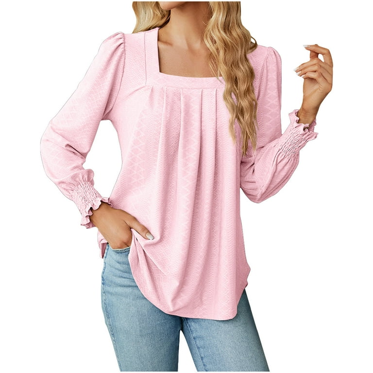 Mrat Women's Deep Square-Neck Fishing Shirt Womens Blouse Tops Tunics for  Womens Vintage Sweat Sheer Button up Blouse Pink L