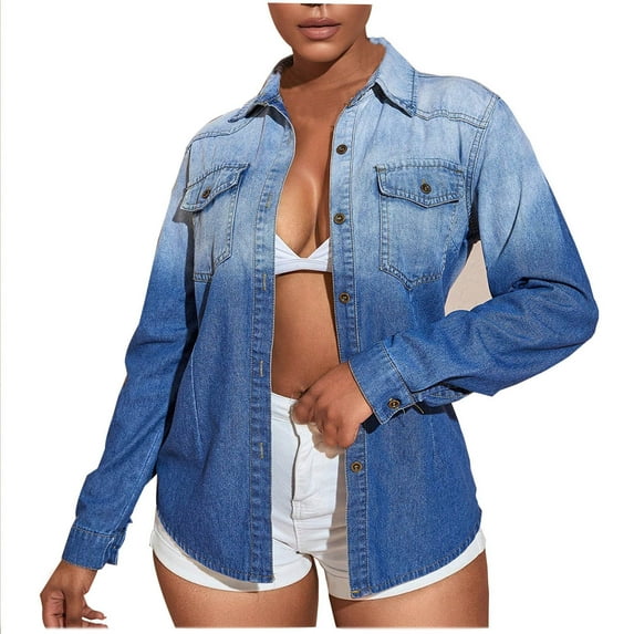Mrat Women's Denim Jackets - Women Casual Lapel Button-Down Long Sleeve Pockets Jean Jacket Washed Womens Shacket Jackets Winter Coat Outerwear C-16 Blue L